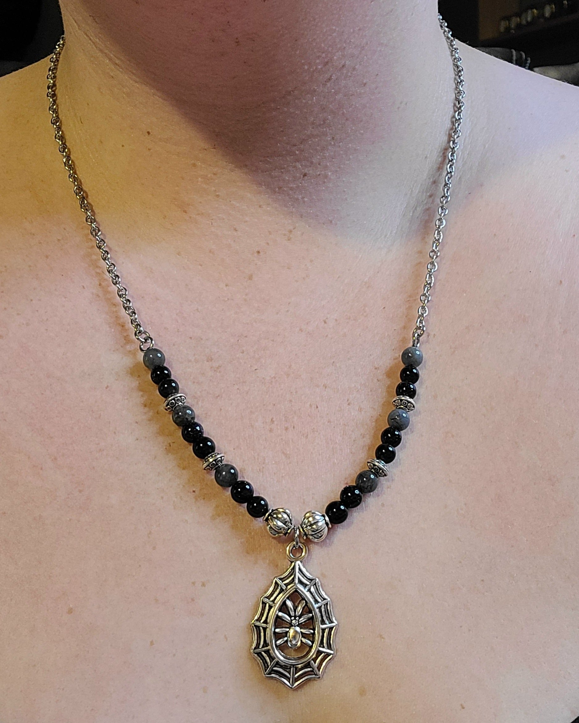 Spider Charm Necklace with Crystal Beads